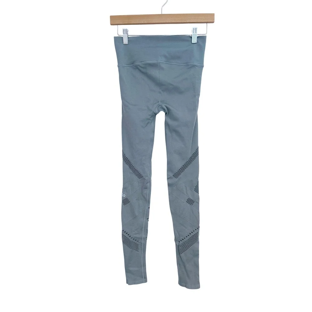 Alo Yoga Blue Grey Seamless High Waist Interlace Mesh‎ Ribbed Leggings Medium